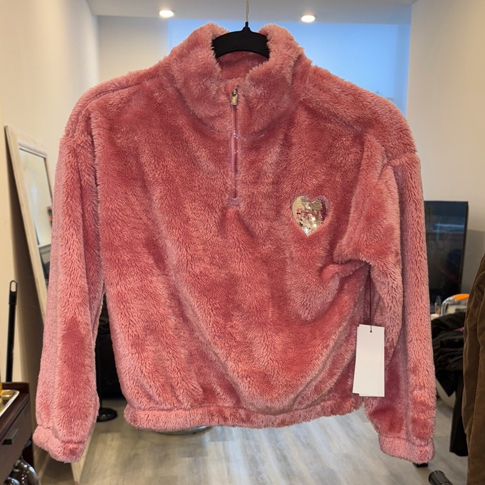 Pink Fuzzy Pullover with Heart Patch